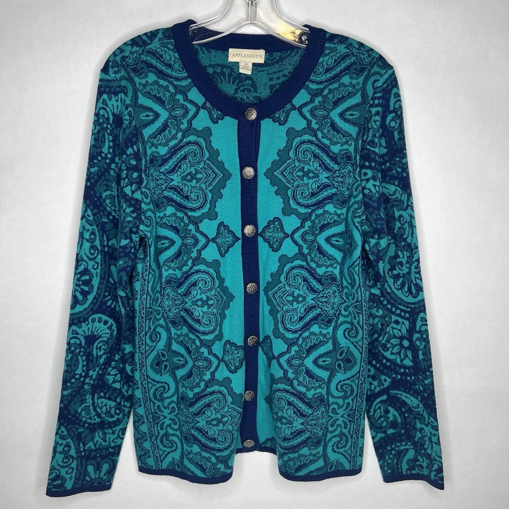 Appleseed's Cardigan Sweater Women's M Multi Paisley Knit Crew Neck Button Front